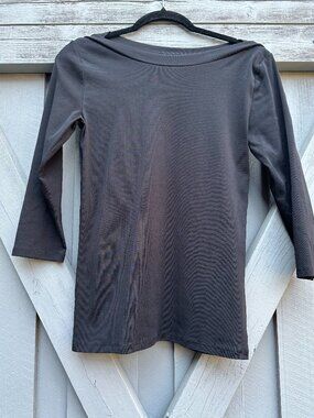 Ann Taylor Women’s Top M Slate Black Cotton Stretch Boat Neck 3/4 Sleeve